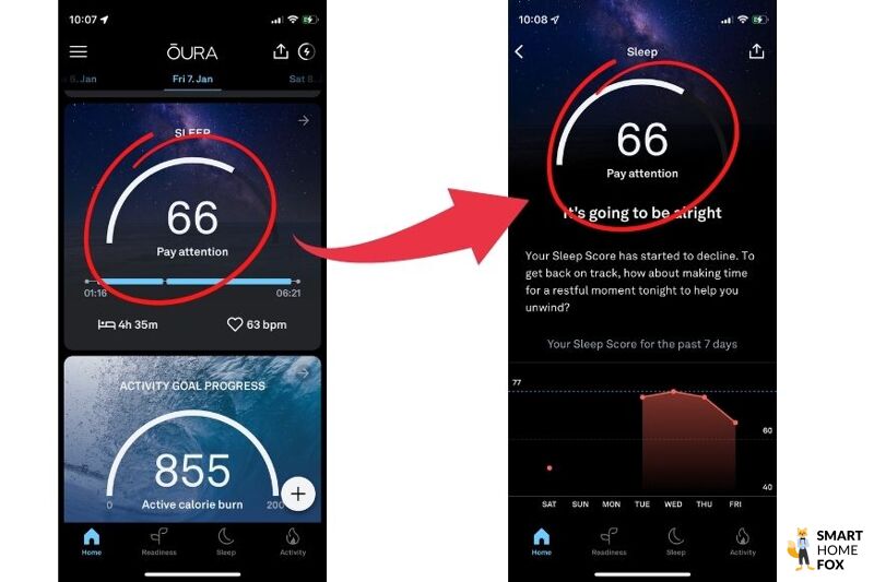 You can see the Oura app open, displaying the sleep score.